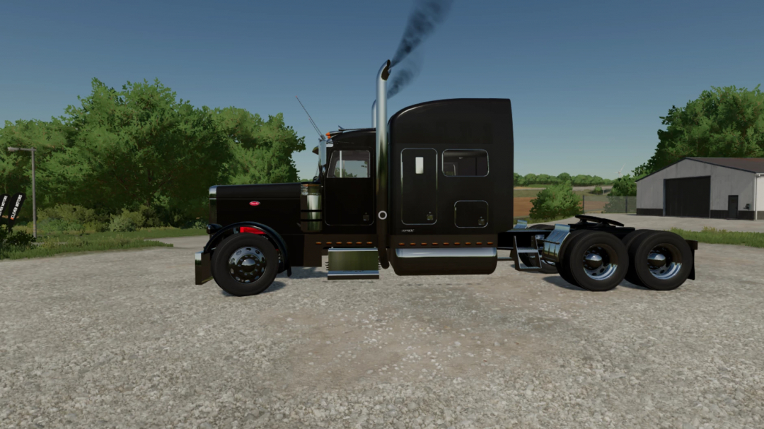 2004-2006 Peterbilt 379x truck mod in Farming Simulator 25, side view with black finish and smoke. FS25 mods.