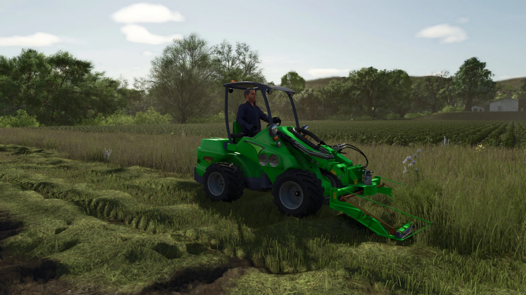 AVANT-Series v1.1.0.0 mod in FS25, showcasing a green mini loader in a field.