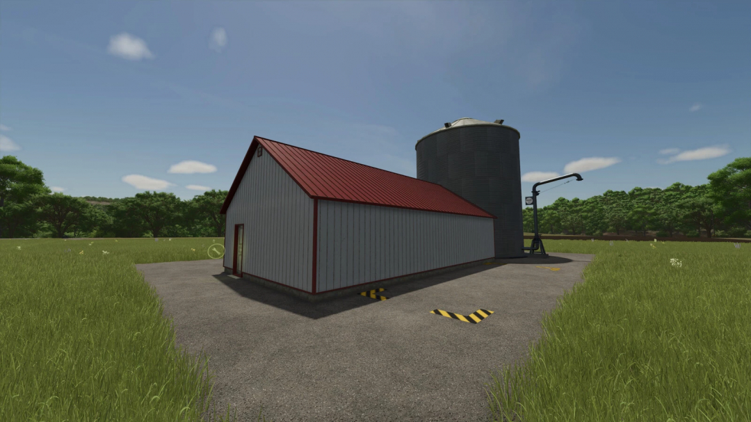 FS25 mod All In One Production v1.0.0.0 showing a building and silo in a grassy field.