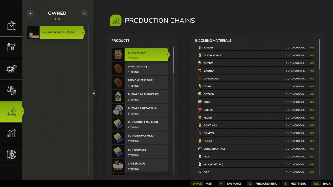 FS25 All In One Production interface showing product and material lists for Farming Simulator 25 mods.