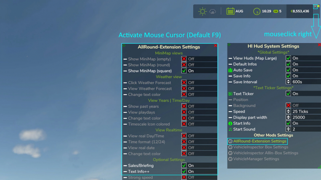 FS25 AllRound Extension v1.0.0.0 mod settings menu showing interface options and customization settings.