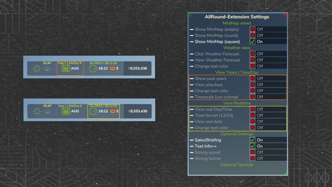 Farming Simulator 25 AllRound Extension mod settings interface showing mini-map, weather, and time options.