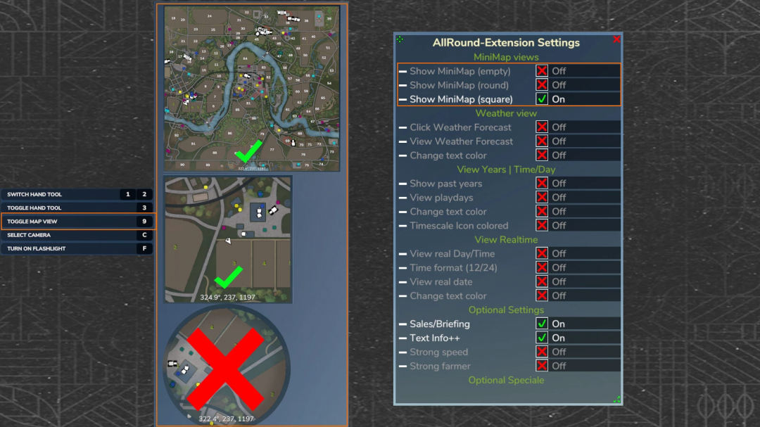 FS25 AllRound Extension v1.0.0.0 displays map settings with minimap and weather view options.