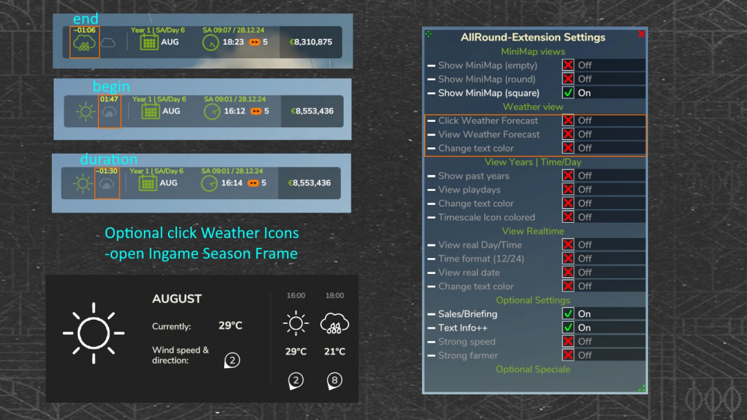 FS25 AllRound Extension v1.0.0.0 mod settings with mini-map and weather options displayed.