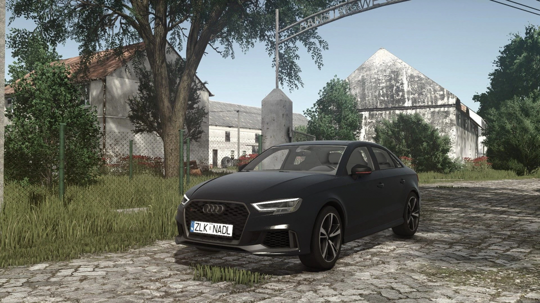 Audi RS3 2020 mod in Farming Simulator 25, parked near farm buildings.