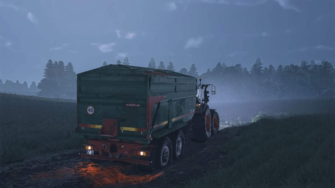 FS25 mod showing tractor and trailer on muddy terrain at night, enhancing realism in Farming Simulator 25.