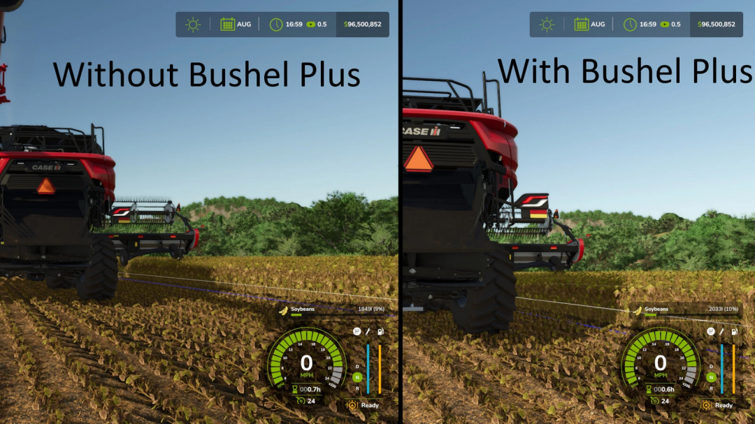 Split image of FS25 showing harvester without and with Bushel Plus mod, highlighting yield differences.