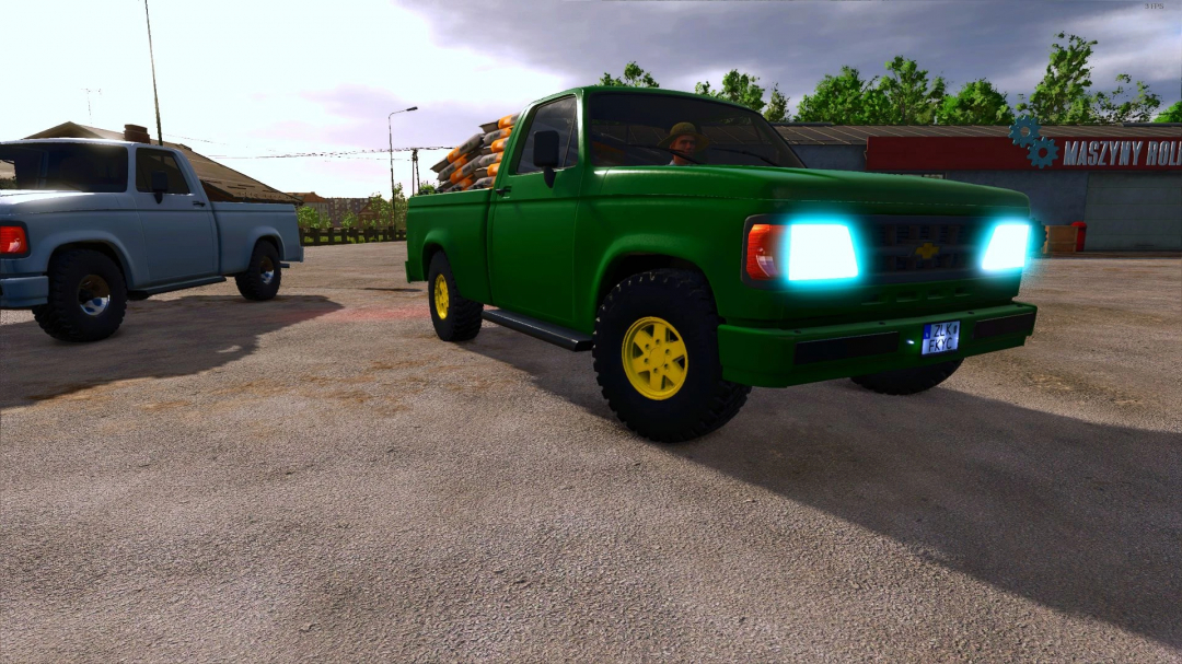 Chevrolet D20 mod for FS25 with green body and yellow wheels in Farming Simulator 25.