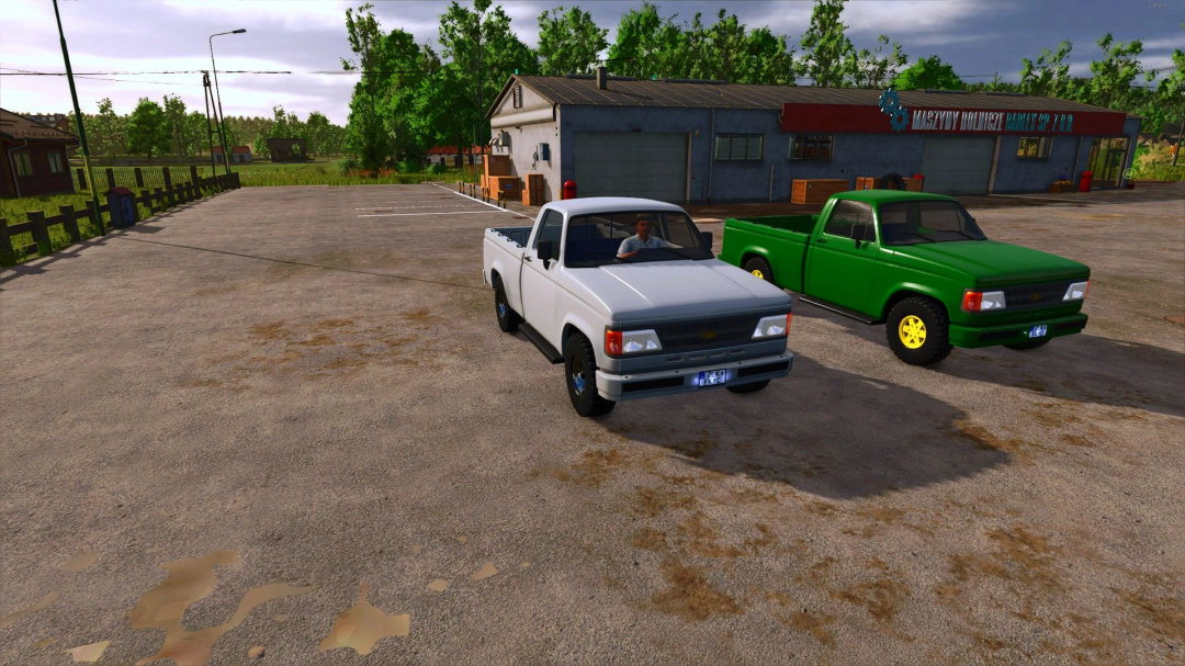 FS25 mod Chevrolet D20 v1.0.0.0 with white and green trucks in a parking lot.