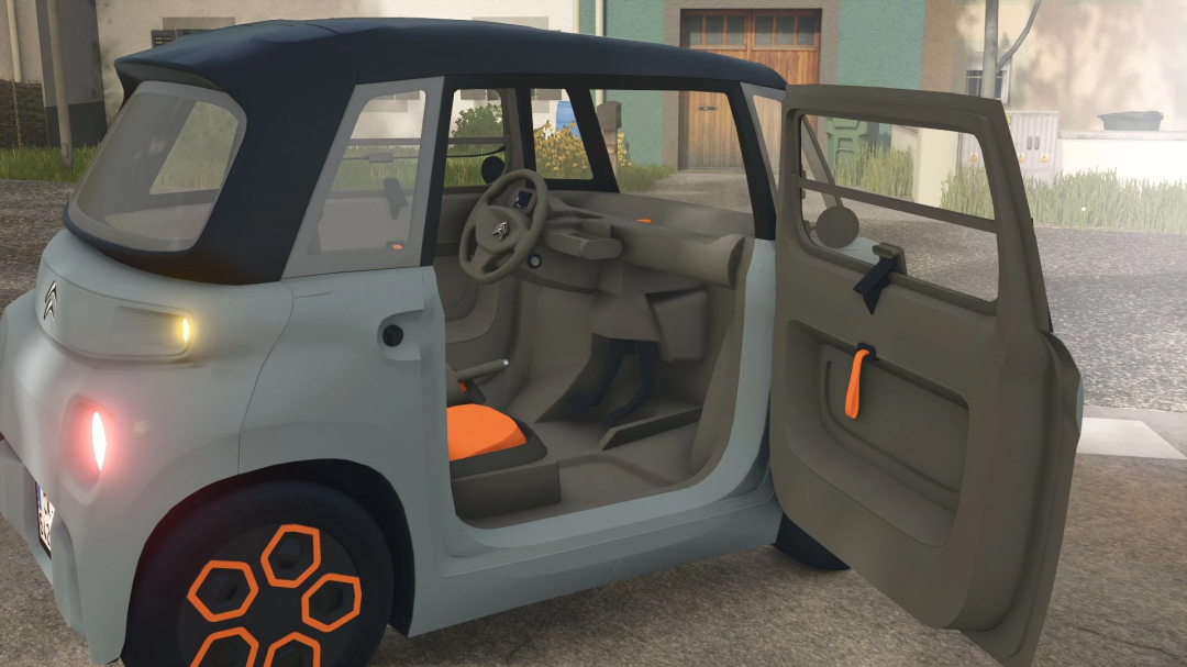 Interior view of Citroën Ami mod for Farming Simulator 25, showing open door and steering wheel.