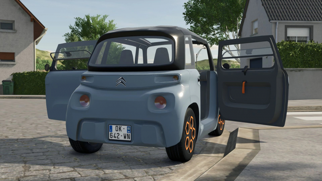 Citroën Ami mod in FS25 with doors open, showcasing compact design in street setting.