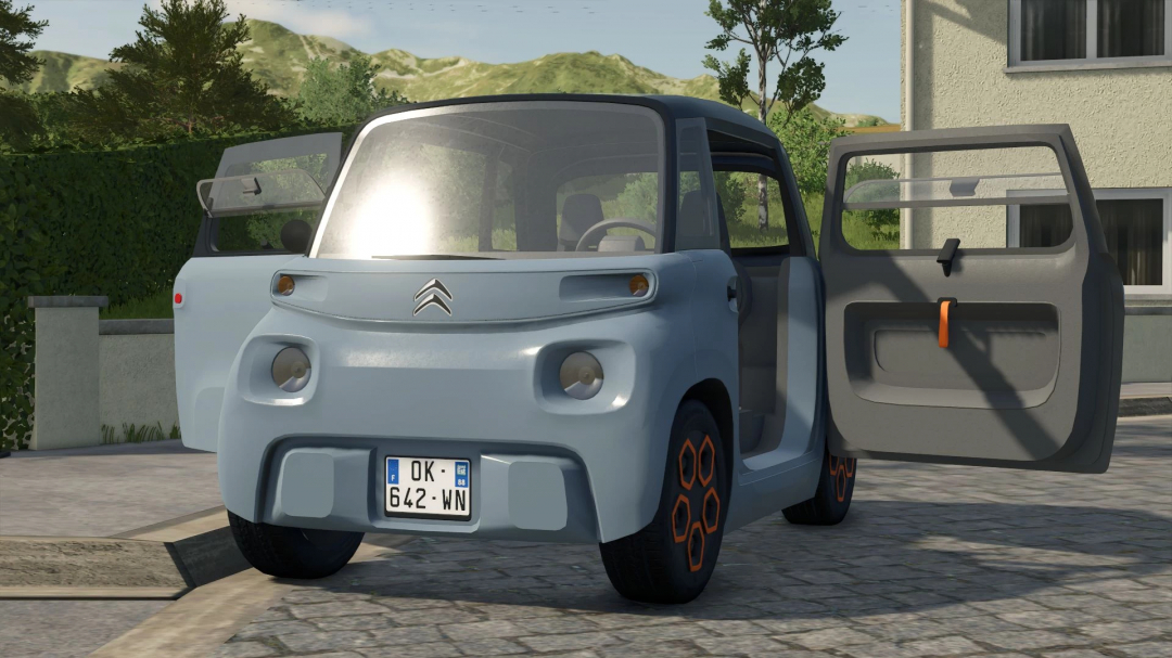 Citroën Ami mod for Farming Simulator 25, showcasing a light blue car with open doors, set in a virtual environment.