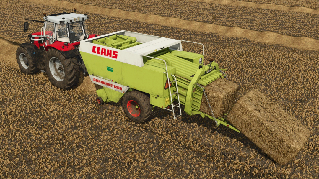 Tractor with Claas Quadrant 1200 baler in FS25 mod, producing hay bales in a field.