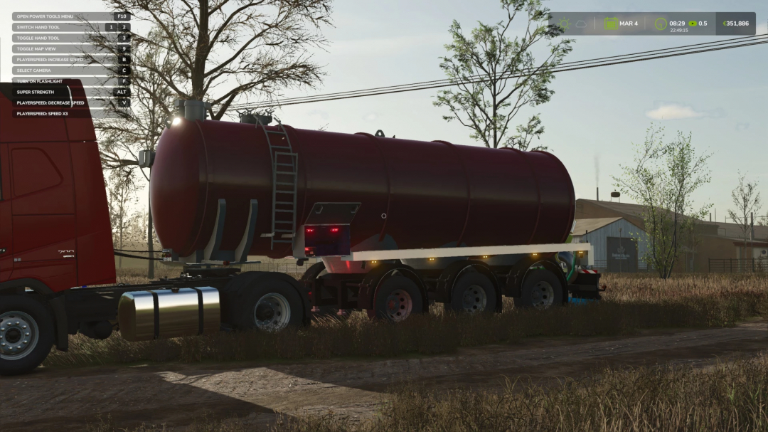 D-TEC Mesttank trailer in Farming Simulator 25, showcasing a red tanker attached to a truck, ideal for transporting liquid manure.