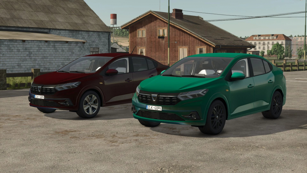 FS25 mod Dacia Logan v1.0.0.0, featuring two cars in a rural setting, red and green. Farming Simulator 25 mods.