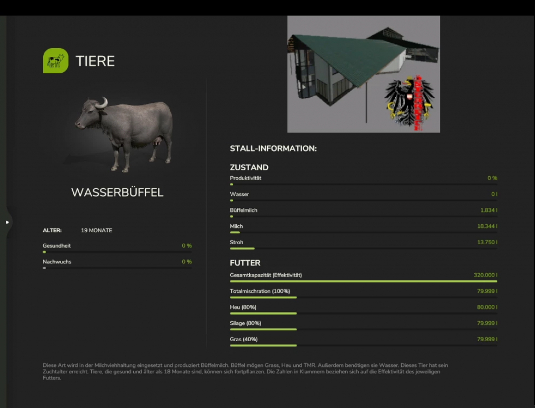 FS25 mod DairyBarn AustriaModding v1.0.0.0 showing water buffalo details, barn structure, and feed information.