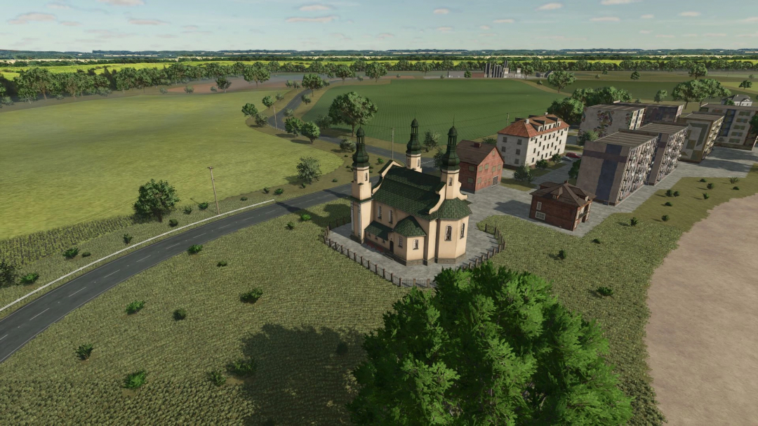 Aerial view of Drakurza Map in FS25, featuring a church, roads, and fields.