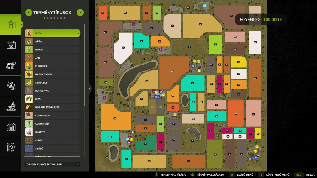 FS25 Drakurza Map v1.0.0.2 showing various crop fields with color coding and a sidebar for crop types.