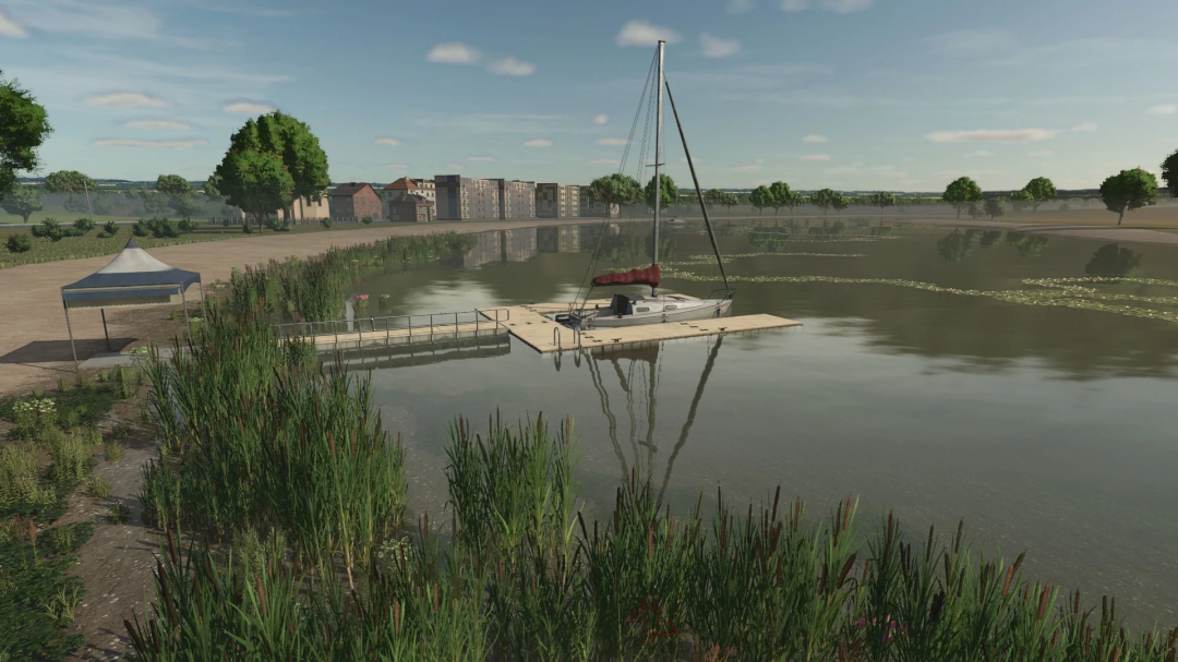 Scenic view of Drakurza Map in FS25 with a sailboat docked by a peaceful riverside.