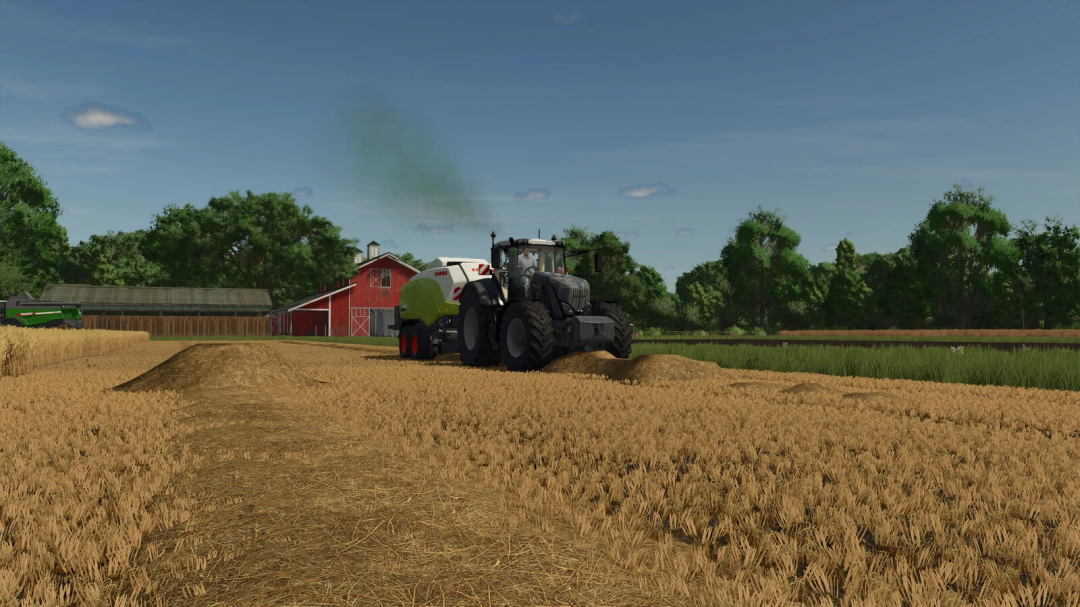 FS25 mod: Tractor with Exhaust Extension v1.0.0.0 in action on a farm field.