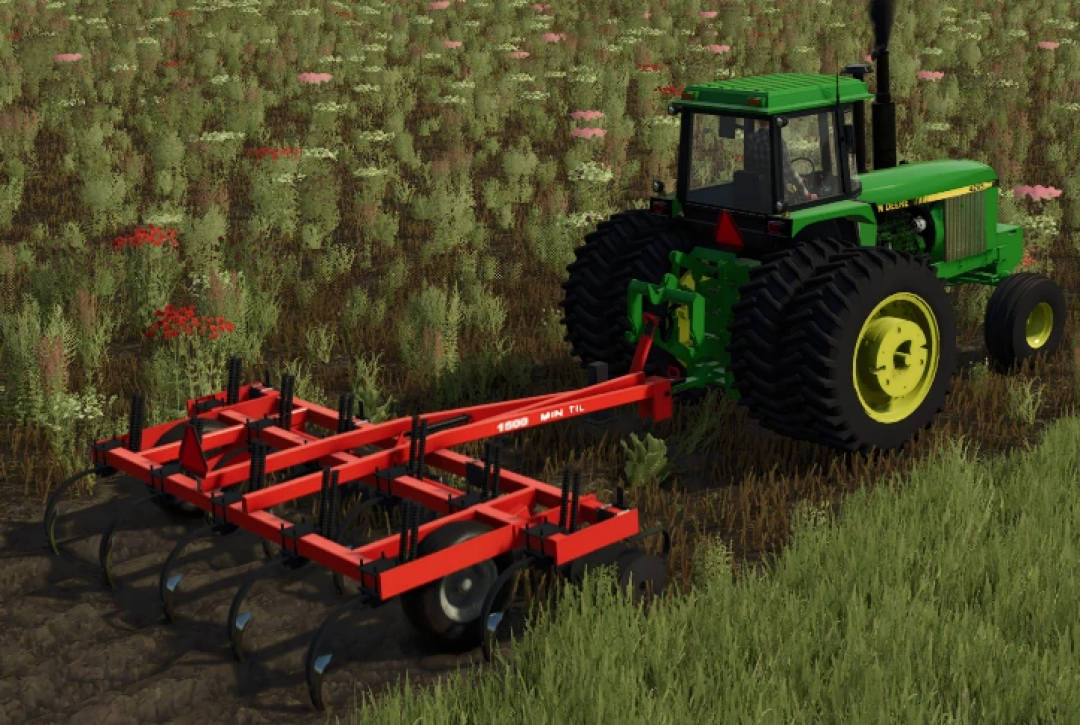 FS25 mod image featuring Allis Chalmers 1500 tractor with red plow on a grassy field in Farming Simulator 25.