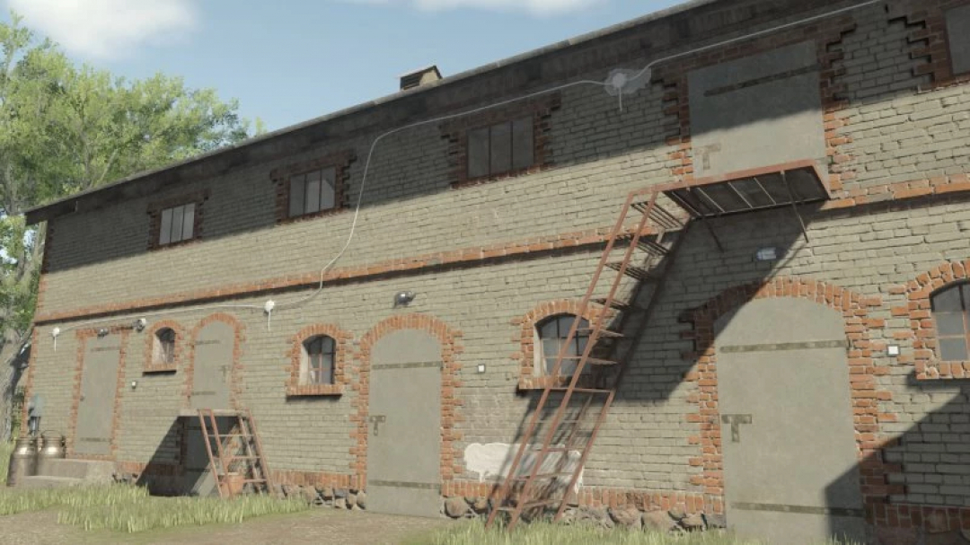 FS25 Small Old German Cowbarn mod for Farming Simulator 25, depicting a rustic brick barn with an exterior staircase.