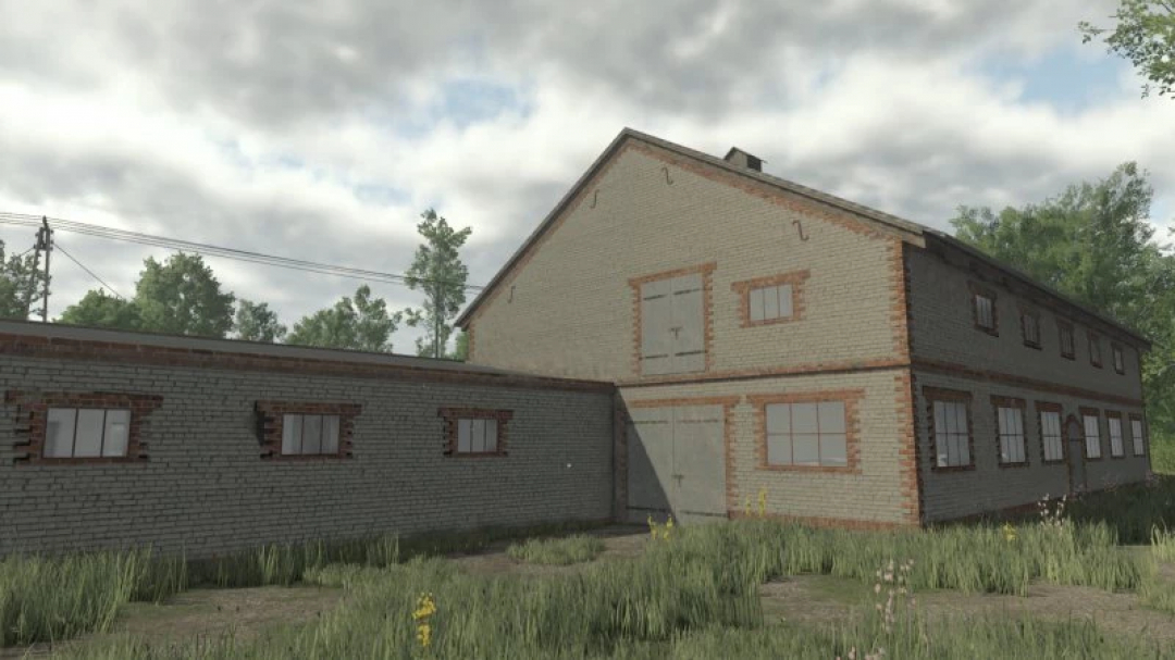 FS25 Small Old German Cowbarn mod showcasing a rustic brick barn in a rural setting for Farming Simulator 25.