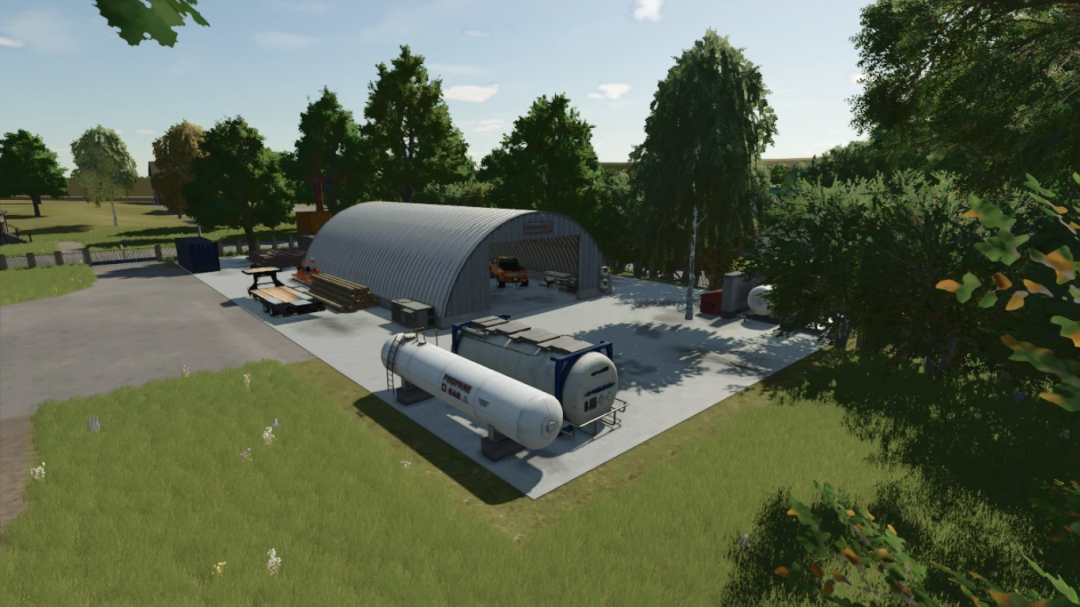 Image of FS25 The Secret Bunker mod, featuring a rustic warehouse surrounded by trees and equipment in Farming Simulator 25.