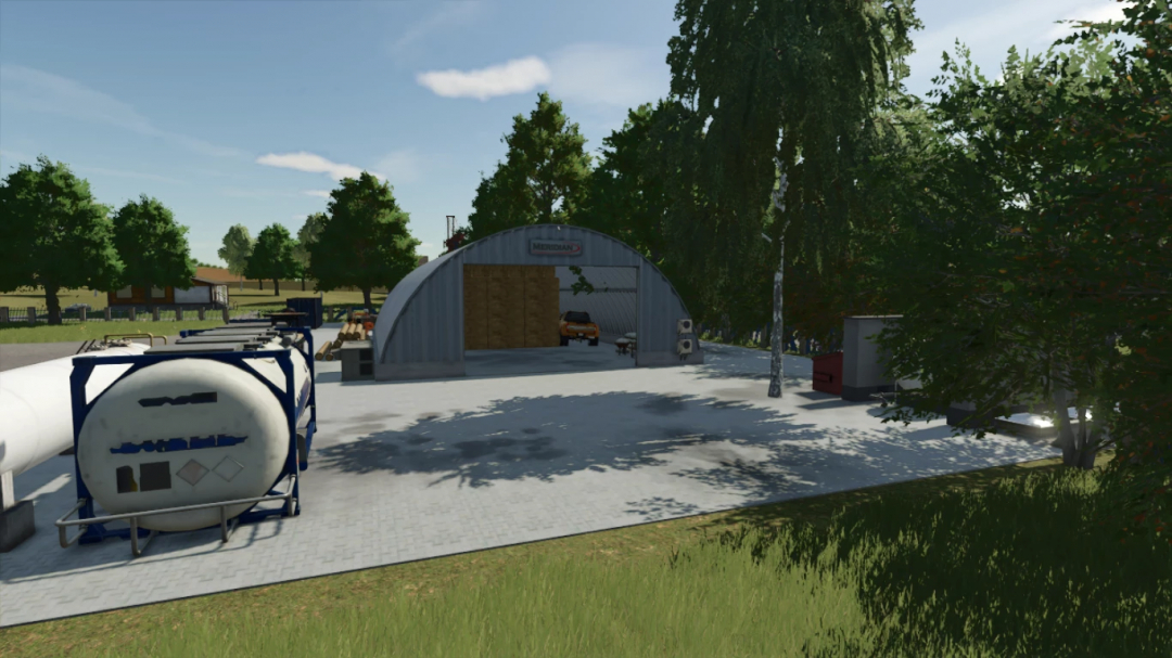 FS25 mods image of The Secret Bunker v1.0.0.0, showing a metal building with open doors, trees, and equipment outside, in Farming Simulator 25.