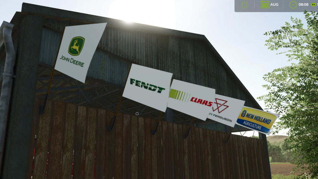 FS25 Tractor Brands Wall Flag Pack 1 v1.1.0.0 features flags of John Deere, Fendt, Claas, and New Holland on a barn wall.