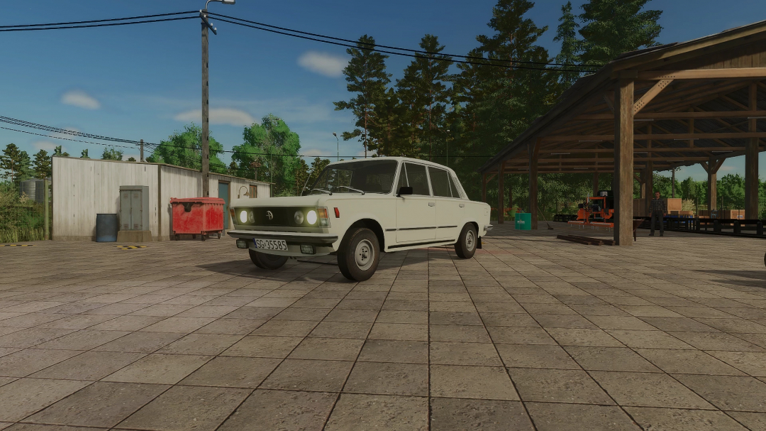 Fiat 125p FSO mod in Farming Simulator 25, parked in a farmyard with various equipment.