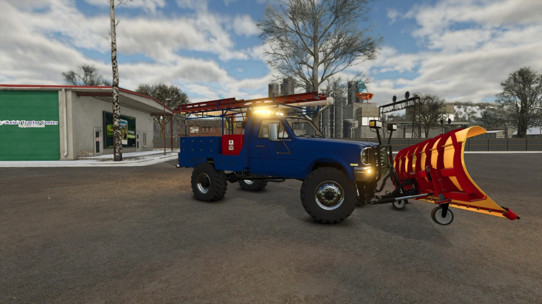 Flatbed Service Truck with a snowplow attachment in FS25 mod, parked outside Axle's Tractor Center.