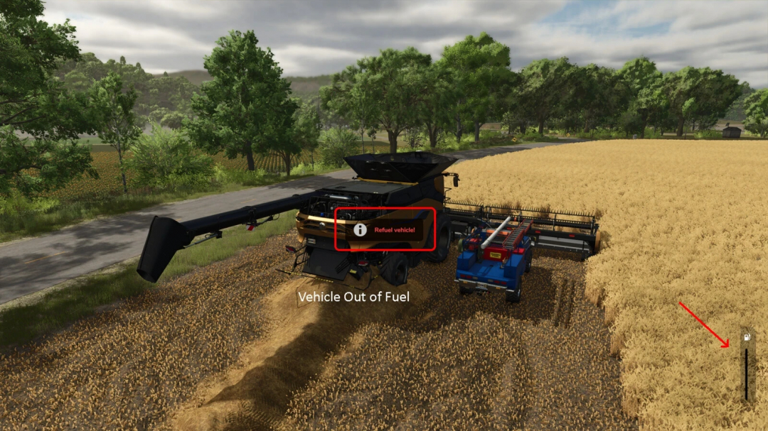 FS25 mod showing a harvester out of fuel in a wheat field, highlighting the need for a Flatbed Service Truck v1.0.0.0.