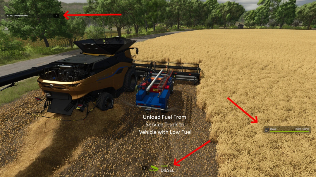 FS25 Flatbed Service Truck v1.0.0.0 fueling a combine harvester in a wheat field.