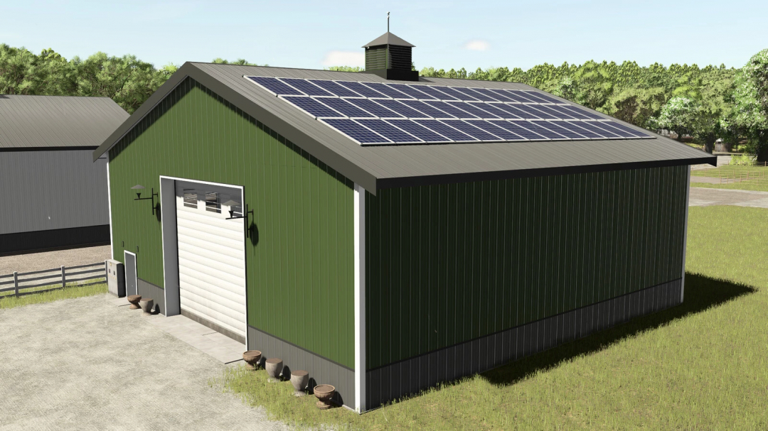 Green garage with workshop and solar panels for FS25 mod.