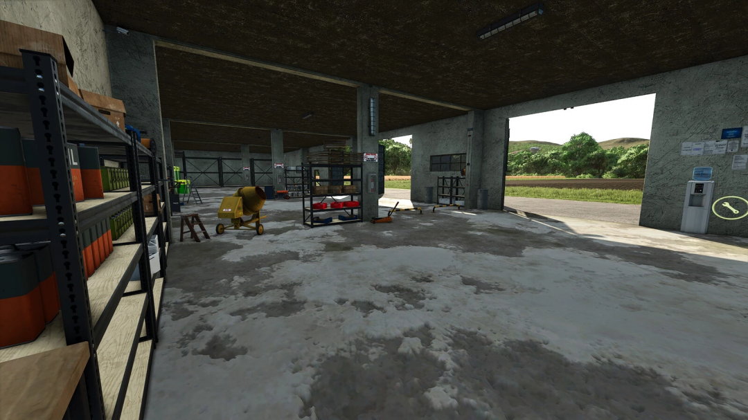 Interior of a Garage With Workshop mod for FS25, featuring shelves, tools, and an open door view of fields.