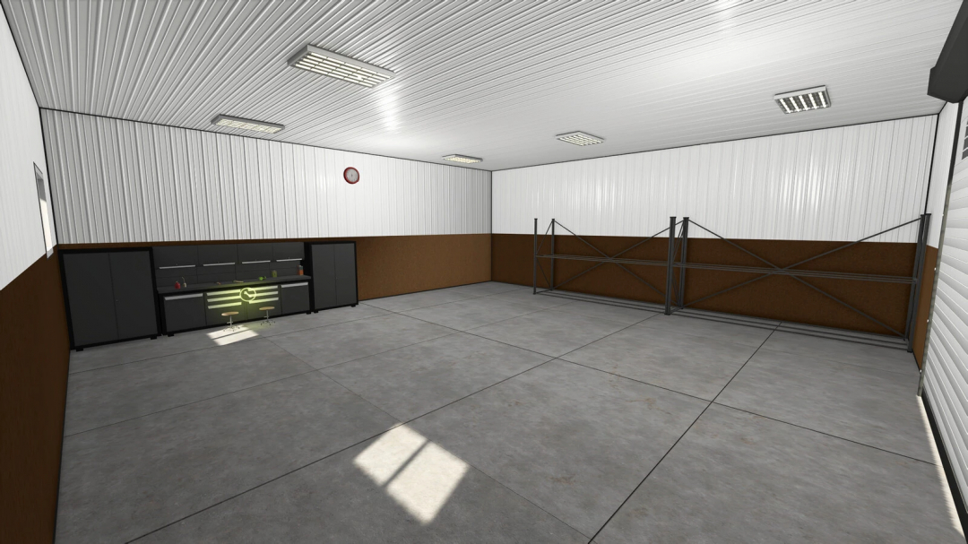 Interior of Garage With Workshop mod for FS25, featuring a well-organized workspace with cabinets and lighting.