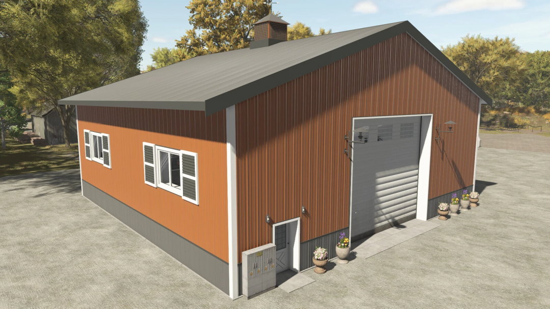 Garage With Workshop mod for Farming Simulator 25, featuring a large brown building with windows and a door, surrounded by trees.