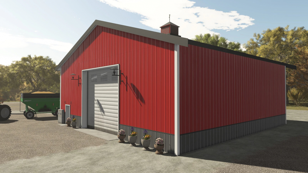 Red garage with workshop mod in FS25, featuring a large door and outdoor storage area.