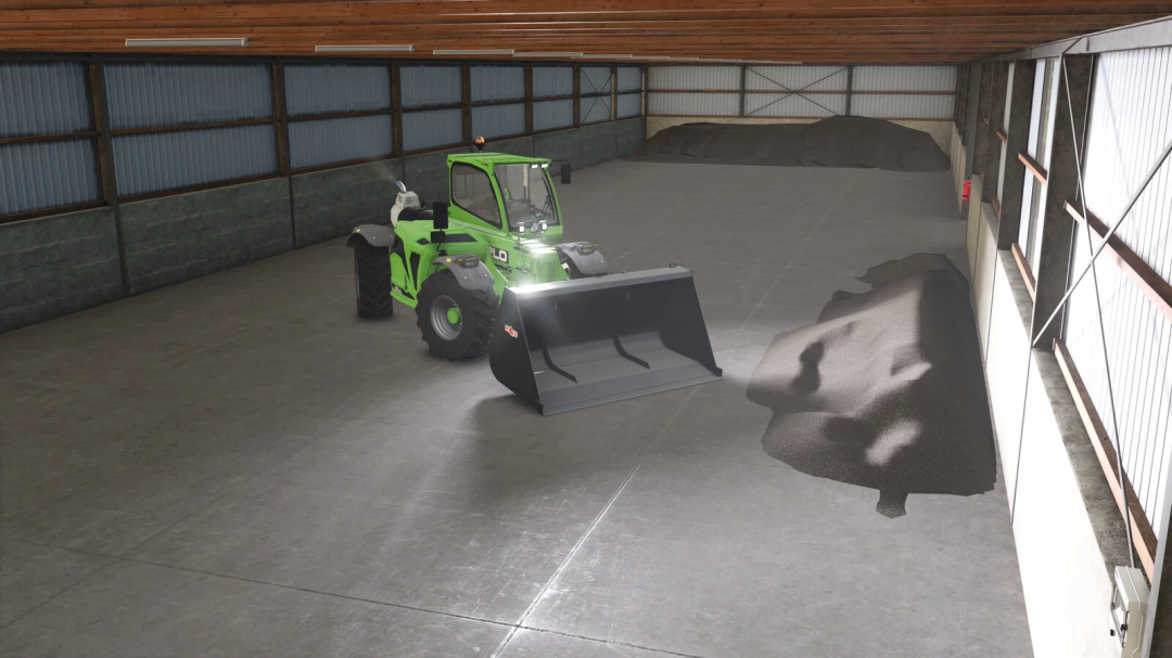 Green tractor with scoop in Grain Complex v1.0.0.0 mod for FS25, parked inside a large industrial storage building.