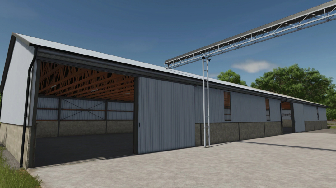 FS25 mods Grain Complex v1.0.0.0, a large agricultural storage facility with a metal exterior and open doors.