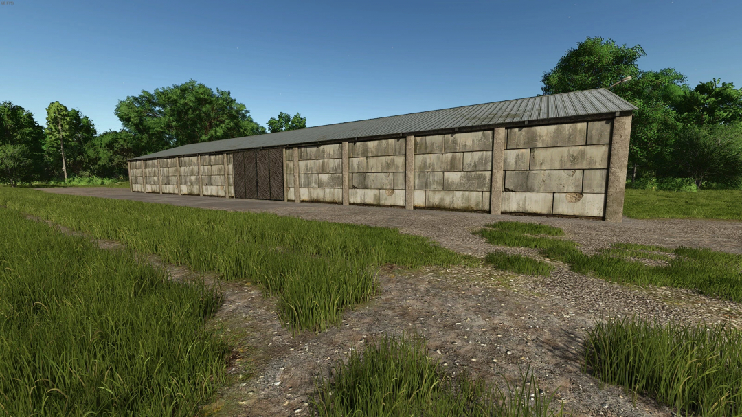 FS25 mod image showing a large grain warehouse with a metal roof surrounded by greenery, part of Farming Simulator 25 mods.