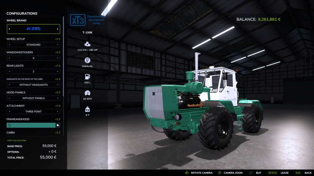 FS25 mod HTZ T150K Edit v1.0.0.0 showcasing tractor configuration options in a virtual garage.