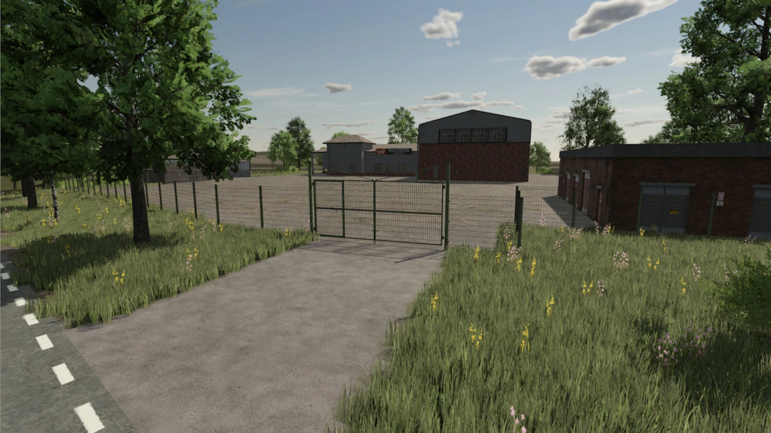 Hermanns Hausen mod in FS25 features farm buildings and gate with lush greenery, enhancing the Farming Simulator 25 experience.