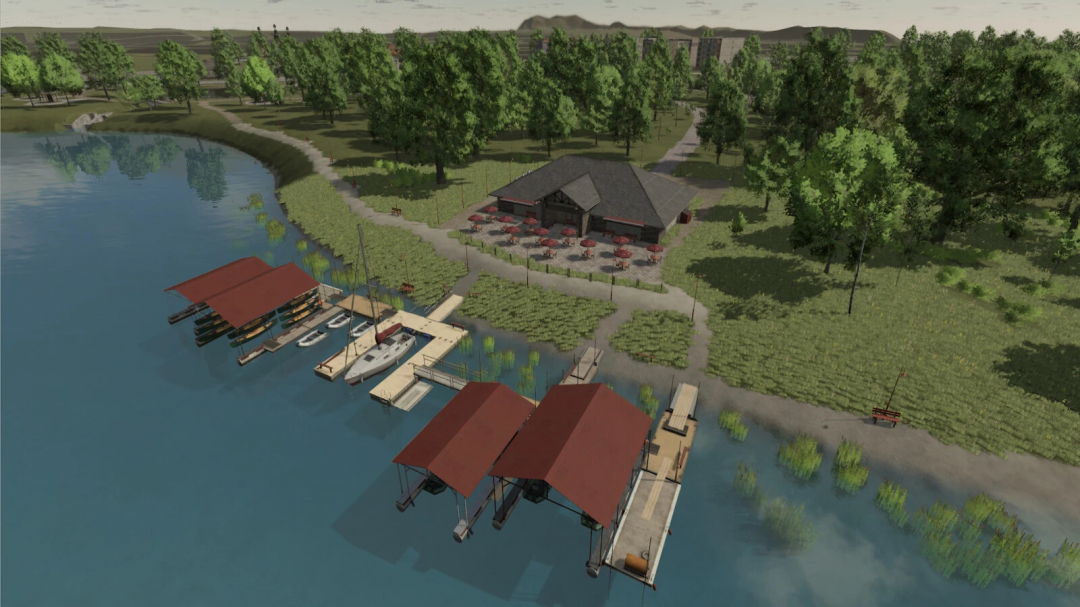 Aerial view of docks and a building near a lake in FS25 mod Hermanns Hausen v1.0.0.0.