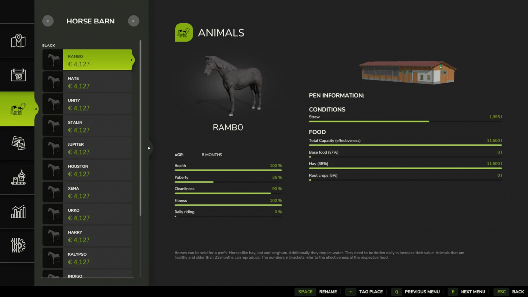 FS25 Horse Care Manager mod interface displaying horse stats and pen information.