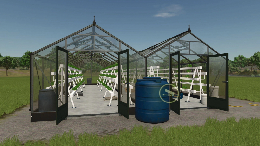 Hydroponics Greenhouse mod in FS25 with water tank and planting racks.