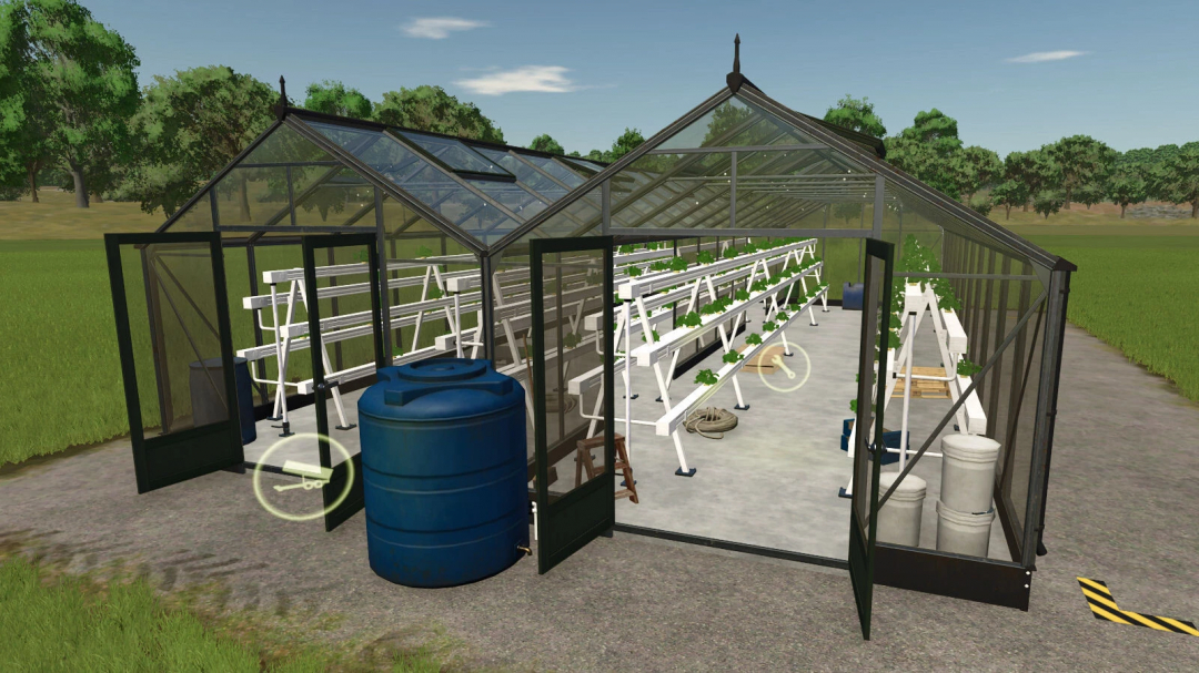 Hydroponics Greenhouse in FS25 mod with open doors, showing interior racks and water barrel.