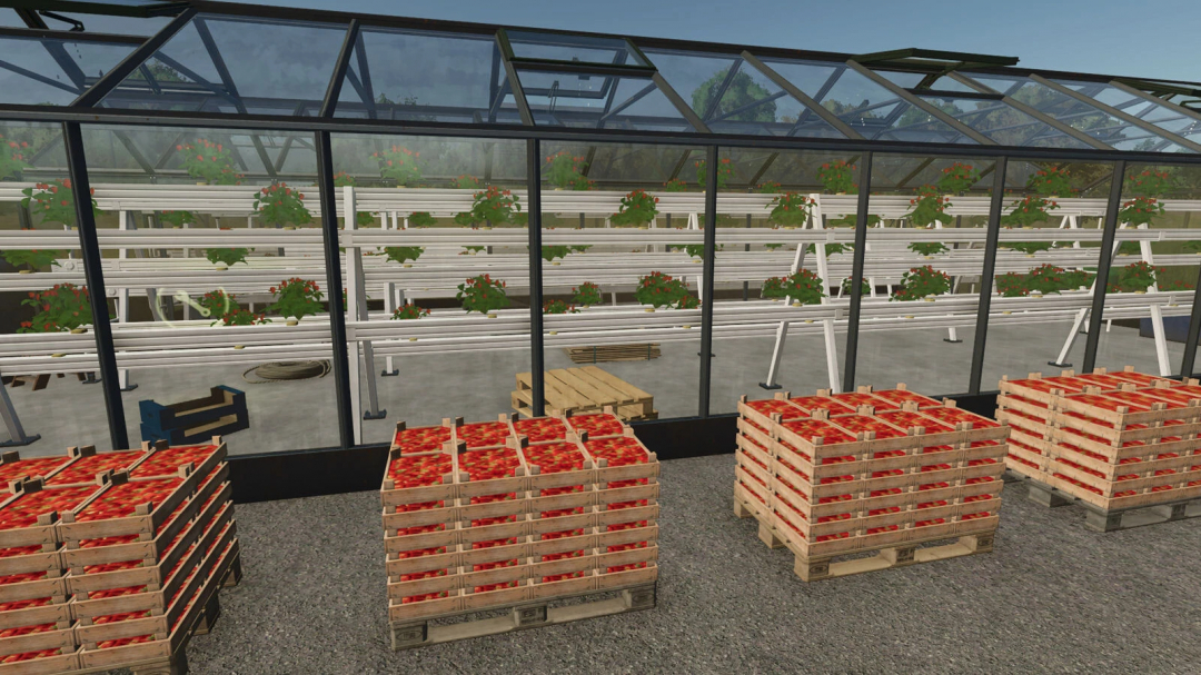 FS25 Hydroponics Greenhouse mod featuring tomato crates stacked outside glass greenhouse.