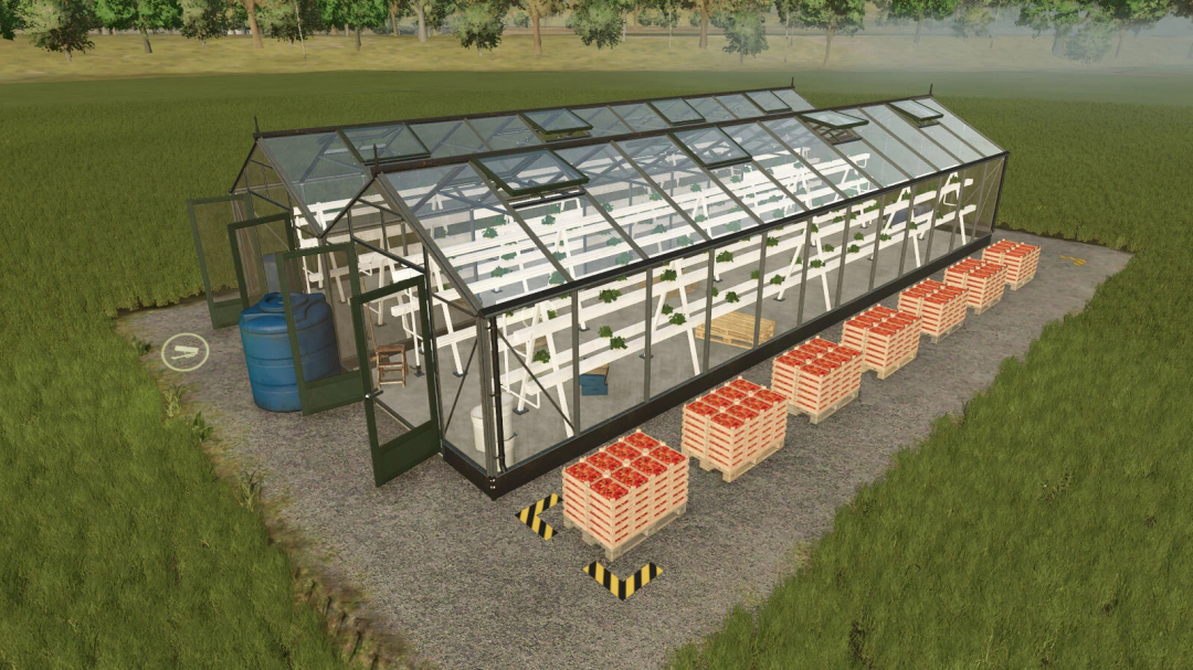 FS25 mod Hydroponics Greenhouse v1.0.1.0 with stacked crates of produce outside in a field.